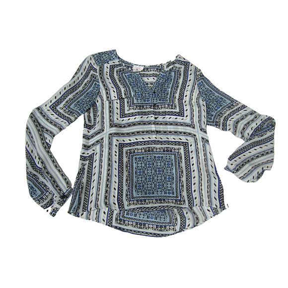 Parker Blue Geometric Silk Top sz XS Boho Hippie Y2K Cottaecore Peasant 90's - Picture 1 of 11